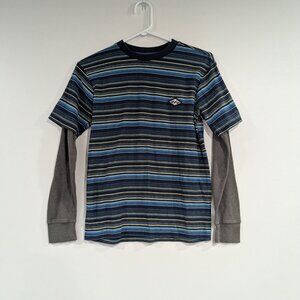 Billabong Layered Waffle Sleeve Striped Tee Top Grey Navy Blue Size 12